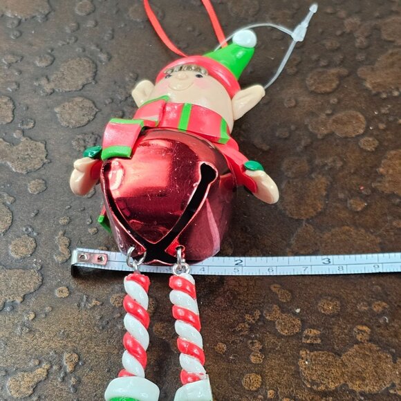 Christmas Elf Ornament Metal Bell Red Green Striped Scarf Holiday Dangling Legs - Picture 5 of 8
